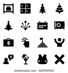 Solid vector icon set - baggage room vector, christmas tree, firework, schedule, safe, money case, hand touch, pyramid flag, success, dialog, drink, life vest, delete