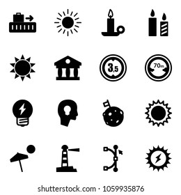 Solid vector icon set - baggage vector, sun, candle, bank, limited height road sign, distance, idea, head bulb, moon flag, beach, lighthouse, bezier, power