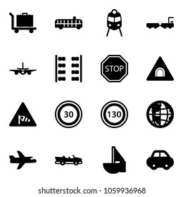 Solid Vector Icon Set - Baggage Vector, Airport Bus, Train, Truck, Plane, Seats, Stop Road Sign, Tunnel, Side Wind, Speed Limit 30, 130, Globe, Cabrio, Sailboat Toy, Car