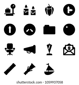 Solid vector icon set - baggage scales vector, candle, sweet pepper, only forward right road sign, detour, folder, record, office chair, speaker horn, pennant, mail dollar, level, dowel