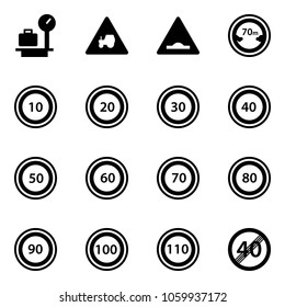 Solid vector icon set - baggage scales vector, tractor way road sign, artificial unevenness, limited distance, speed limit 10, 20, 30, 40, 50, 60, 70, 80, 90, 100, 110, end