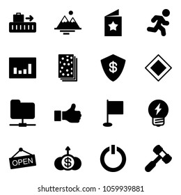 Solid vector icon set - baggage vector, mountains, star postcard, run, statistics, breads, safe, main road sign, network folder, like, flag, idea, open, dollar growth, standby button, toy hammer