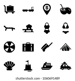 Solid vector icon set - baggage vector, truck, dollar pin, coconut cocktail, lounger, bungalow, swimsuit, parasol, suitcase, tent, shell, sand castle, cruiser, car