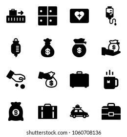 Solid vector icon set - baggage vector, room, first aid kit, drop counter, money bag, investment, encashment, case, green tea, suitcase, car