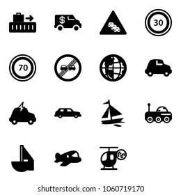 Solid vector icon set - baggage vector, encashment car, multi lane traffic road sign, speed limit 30, 70, end overtake, globe, electric, limousine, sail boat, moon rover, sailboat toy, plane