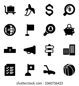 Solid vector icon set - baggage vector, banana, dollar, money search, globe, flag, head hunter, piggy bank, pedestal, speaker horn, signpost, building, list, lawn mower, basketball