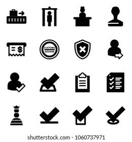 Solid vector icon set - baggage vector, metal detector gate, recieptionist, stamp, receipt, customs road sign, shield cross, user login, check, clipboard, list, chess queen