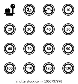 Solid vector icon set - baggage scales vector, limited height road sign, distance, speed limit 10, 20, 30, 40, 50, 60, 70, 80, 90, 100, 110, 120, 130