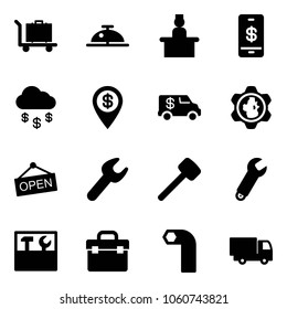 Solid vector icon set - baggage vector, client bell, recieptionist, mobile payment, money rain, dollar pin, encashment car, gear globe, open, wrench, rubber hammer, tool box, allen key, truck toy