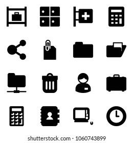 Solid vector icon set - baggage room vector, first aid, calculator, share, attachment, folder, network, trash bin, manager, case, contact book, monoblock pc, clock