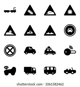 Solid vector icon set - baggage truck vector, multi lane traffic road sign, climb, tunnel, steep roadside, car crash, rough, no, stop, wireless key, baby, toy, bus