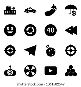 Solid vector icon set - baggage vector, safety car, eggplant, insurance, dollar smile, circle road sign, minimal speed limit, fast backward, target, paper fly, moon flag, growth, parasol, playback