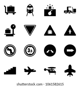 Solid vector icon set - baggage vector, train, terrorism, fork loader, scales, giving way road sign, tunnel, intersection, no left turn, limited height, detour, only right, stairs, plane, helicopter