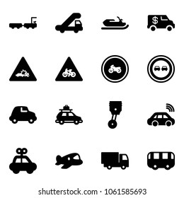 Solid vector icon set - baggage truck vector, trap, snowmobile, encashment car, crash road sign, for moto, no, overtake, piston, wireless, toy, plane, bus