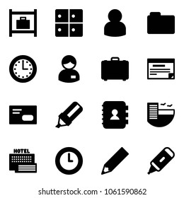Solid vector icon set - baggage room vector, user, folder, time, manager, case, schedule, envelope, highlight marker, contact book, hotel, sea, clock, pencil