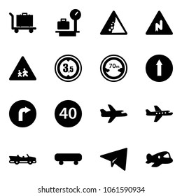 Solid vector icon set - baggage vector, scales, landslide road sign, abrupt turn right, children, limited height, distance, only forward, minimal speed limit, plane, cabrio, skateboard, paper, toy