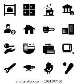 Solid vector icon set - baggage room vector, house, account, home, key, building, hand, hotel, sea, monoblock pc, saw, pipe welding, chicken toy, baseball bat