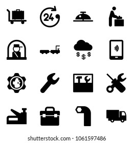 Solid vector icon set - baggage vector, 24 hours, client bell, baby room, officer window, truck, money rain, mobile payment, gear globe, wrench, tool box, screwdriver, stapler, allen key, toy