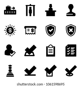 Solid vector icon set - baggage vector, metal detector gate, recieptionist, stamp, dollar sun, receipt, shield check, cross, user, clipboard, list, chess queen