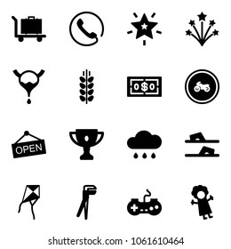 Solid vector icon set - baggage vector, phone, christmas star, firework, bladder, spica, dollar, no moto road sign, open, gold cup, rain cloud, flip flops, kite, plumber, gamepad, doll