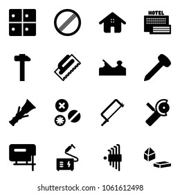 Solid vector icon set - baggage room vector, no limit road sign, home, sea hotel, hammer, trowel, jointer, nail, dowel, rivet, metal hacksaw, Angular grinder, jig saw, welding, allen key set