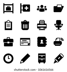 Solid Vector Icon Set - Baggage Room Vector, First Aid, Group, Folder, Clipboard, Trash Bin, Printer, Office Chair, Portfolio, Schedule, Contact Book, Wireless, Clock, Pencil, Tool Cabinet, Marker