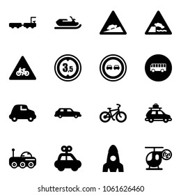 Solid vector icon set - baggage truck vector, snowmobile, climb road sign, embankment, for moto, limited height, no overtake, bus, car, limousine, bike, moon rover, toy, rocket, helicopter