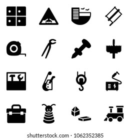 Solid vector icon set - baggage room vector, drawbridge road sign, hotel, bucksaw, measuring tape, plumber, nail dowel, crown drill, tool box, winch, welding, pyramid toy, constructor blocks, train