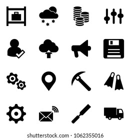 Solid vector icon set - baggage room vector, snowfall, coin, settings, user check, upload cloud, loudspeaker, save, gears, map pin, rock axe, flippers, gear, wireless mail, rasp, truck toy