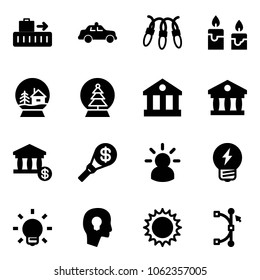 Solid vector icon set - baggage vector, safety car, garland, candle, snowball house, tree, bank, account, money torch, idea, bulb, head, sun, bezier