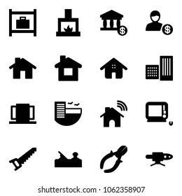 Solid vector icon set - baggage room vector, fireplace, account, home, building, doors, hotel, wireless, monoblock pc, saw, jointer, side cutters, pipe welding