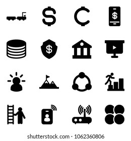 Solid vector icon set - baggage truck vector, dollar sign, cent, mobile payment, coin, safe, bank, presentation board, idea, attainment, community, career, opportunity, identity card, wi fi router