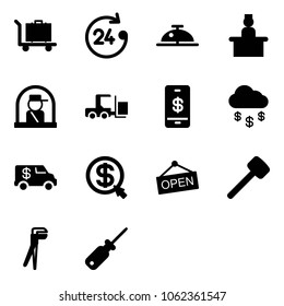 Solid vector icon set - baggage vector, 24 hours, client bell, recieptionist, officer window, fork loader, mobile payment, money rain, encashment car, click, open, rubber hammer, plumber