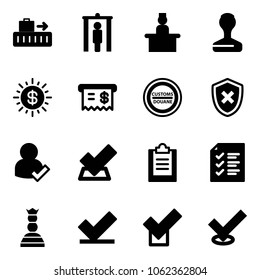 Solid vector icon set - baggage vector, metal detector gate, recieptionist, stamp, dollar sun, receipt, customs road sign, shield cross, user check, clipboard, list, chess queen