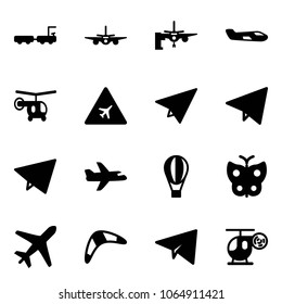 Solid vector icon set - baggage truck vector, plane, boarding passengers, small, helicopter, airport road sign, paper, fly, air balloon, butterfly, boomerang, toy