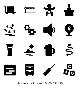 Solid vector icon set - baggage vector, barrier, baby, recieptionist, christmas sale, gear, low volume, money tree, award, pyramid, beer, trip, terms plan, tool cabinet, awl, abc cube