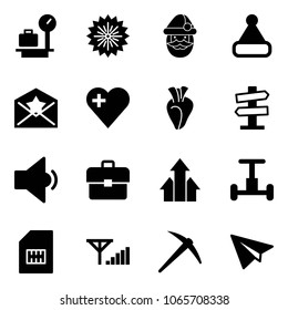 Solid vector icon set - baggage scales vector, firework, santa claus, christmas hat, star letter, heart, road signpost sign, low volume, portfolio, arrows up, gyroscope, sim, fine signal, axe