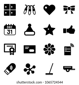 Solid vector icon set - baggage room vector, garland, heart, bow, 31 dec calendar, christmas hat, star, like, certificate, envelope, flower, server wireless, usb wi fi, molecule, rake, trailer