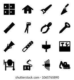 Solid vector icon set - baggage room vector, home, saw, trowel, level, plumber, side cutters, screw, dowel, drill, crown, tool box, cocncrete mixer, welding, allen key set, excavator toy