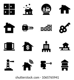 Solid vector icon set - baggage room vector, house, snowball, home, key, brick wall, doors, dollar, bank building, bungalow, lighthouse, wireless, laser lever, toy block