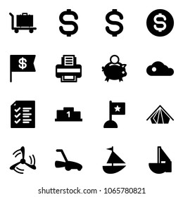Solid vector icon set - baggage vector, dollar sign, coin, flag, printer, piggy bank, cloud, list, pedestal, tent, wind mill, lawn mower, sailboat toy