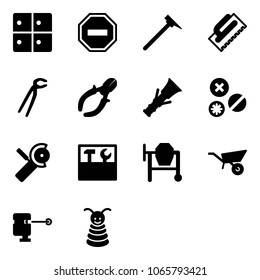 Solid vector icon set - baggage room vector, no way road sign, mason hammer, trowel, plumber, side cutters, dowel, rivet, Angular grinder, tool box, cocncrete mixer, wheelbarrow, laser lever