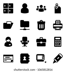 Solid vector icon set - baggage room vector, user, group, attachment, folder, network, trash bin, printer, manager, office chair, portfolio, calculator, schedule, contact book, monoblock pc, marker