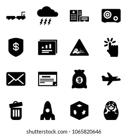 Solid vector icon set - baggage truck vector, storm, hospital building, safe, statistics report, gravel road sign, hand touch, mail, schedule, money bag, plane, trash bin, rocket, cube toy