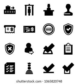 Solid vector icon set - baggage vector, metal detector gate, recieptionist, stamp, receipt, check, customs road sign, shield, cross, user login, clipboard, list, chess queen
