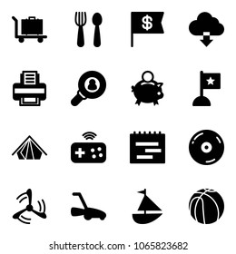Solid vector icon set - baggage vector, spoon and fork, dollar flag, download cloud, printer, head hunter, piggy bank, tent, joystick wireless, terms plan, cd, wind mill, lawn mower, sailboat toy