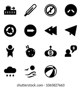 Solid vector icon set - baggage vector, thermometer, no parkin odd, detour road sign, circle, only right, fast backward, paper fly, success, moon flag, dollar growth, money dialog, rain cloud, waves