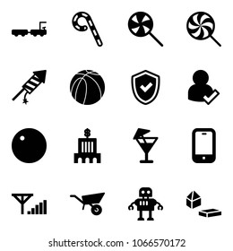 Solid vector icon set - baggage truck vector, lollipop, firework rocket, basketball ball, shield check, user, record, bank building, drink, mobile phone, fine signal, wheelbarrow, robot
