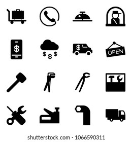 Solid vector icon set - baggage vector, phone, client bell, officer window, mobile payment, money rain, encashment car, open, rubber hammer, plumber, tool box, wrench screwdriver, stapler, allen key