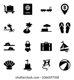 Solid vector icon set - baggage vector, passport, truck, dollar pin, palm, inflatable pool, flip flops, swimsuit, suitcase, sail boat, shell, sand castle, kite, beach ball